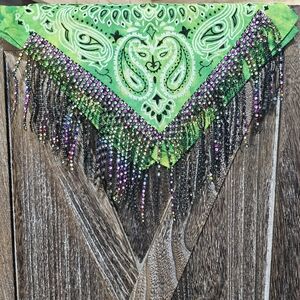 NWT Neon Green Bandana Wild Rag with Beaded Rhinestone Fringe